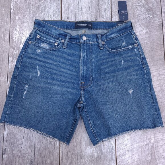 Abercrombie & Fitch Shorts Mens 30 Blue Relaxed Fit Distressed Denim Jorts - Picture 1 of 8